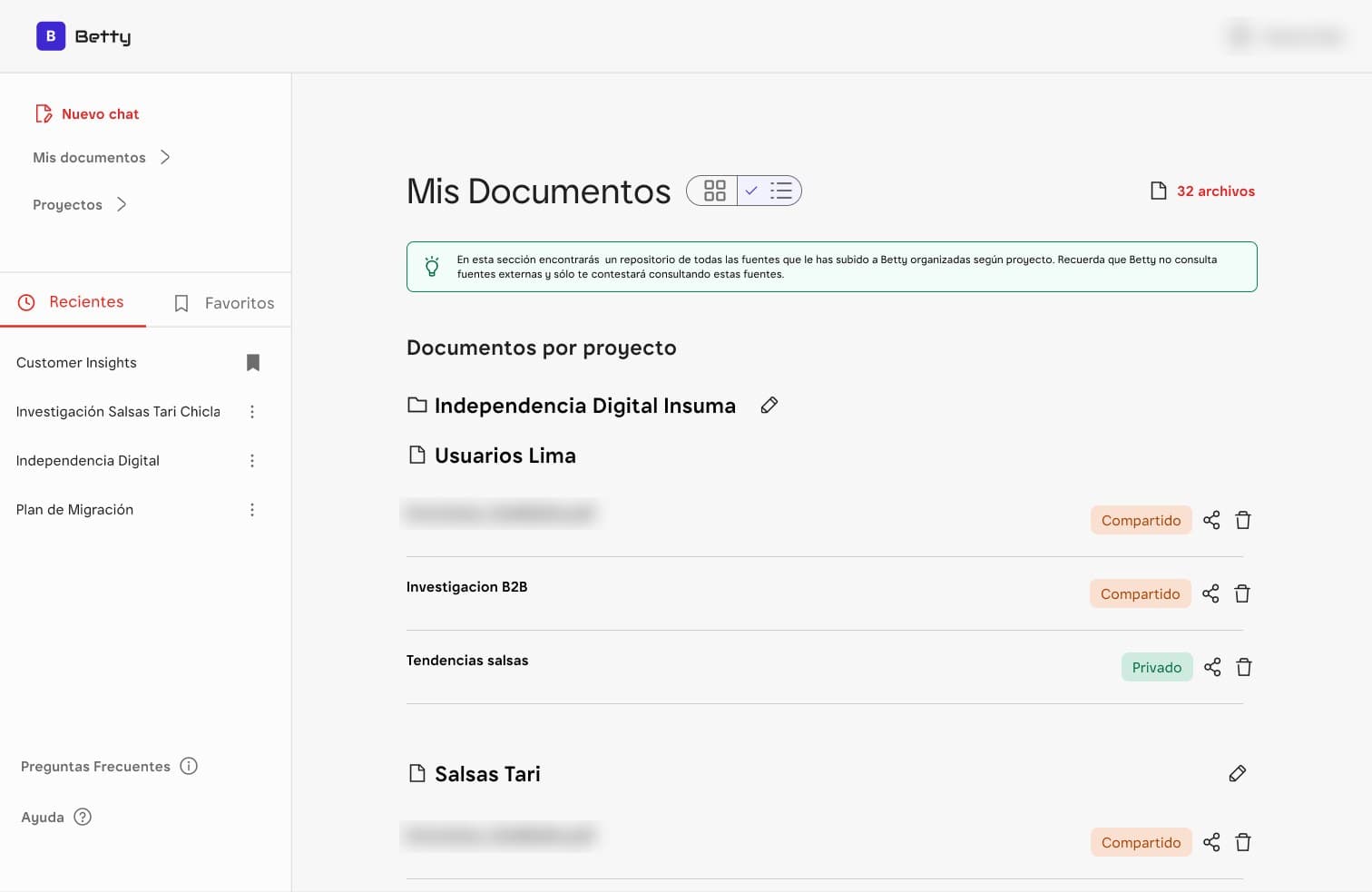 My documents: files grouped by project, each marked shared or private