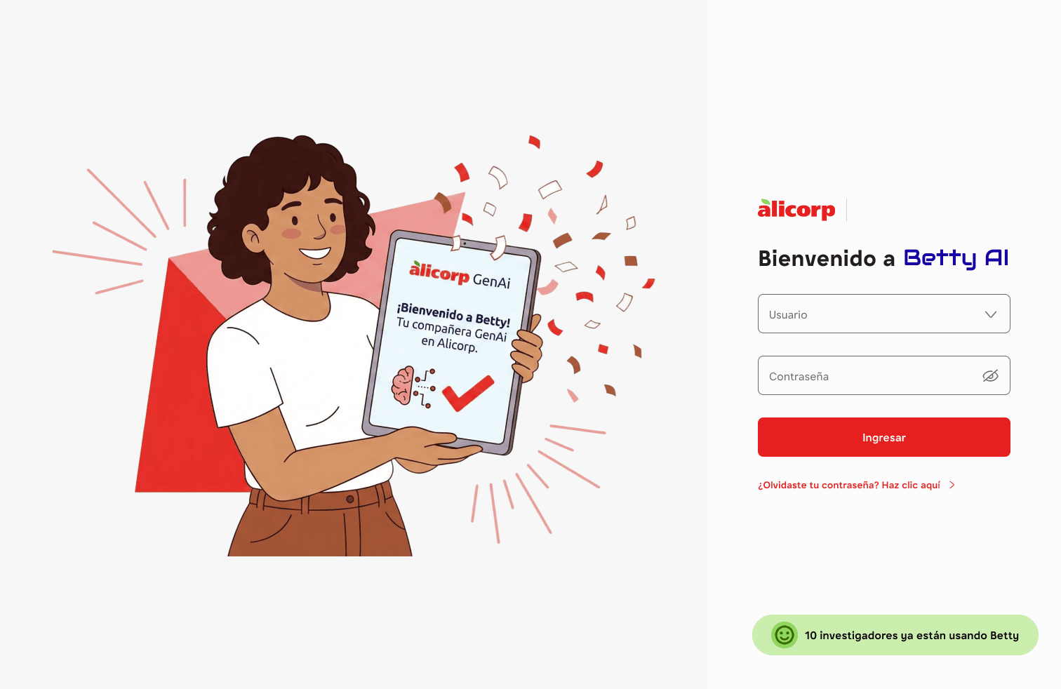 Earlier login: an illustrated woman holding a tablet, username and password fields, and a badge saying 10 researchers already use Betty