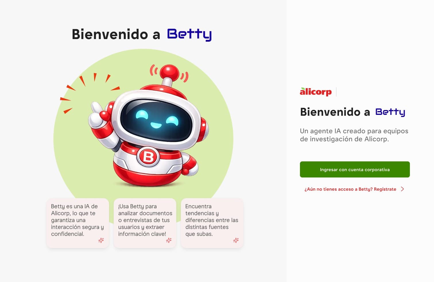 Betty 2.0 welcome screen: the robot mascot, three promises and sign-in with a corporate account