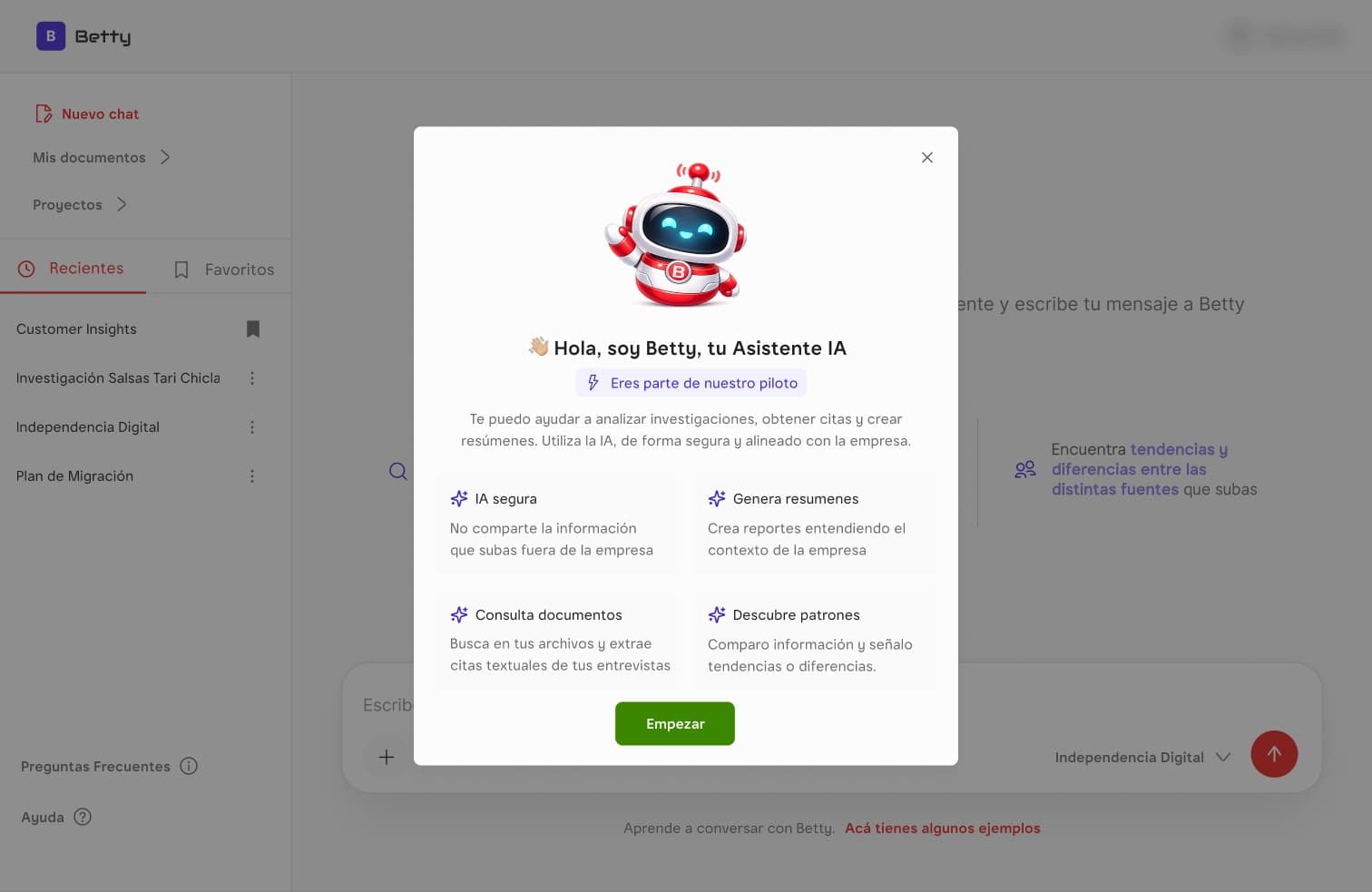 Onboarding modal listing secure AI, summaries, document search and pattern finding
