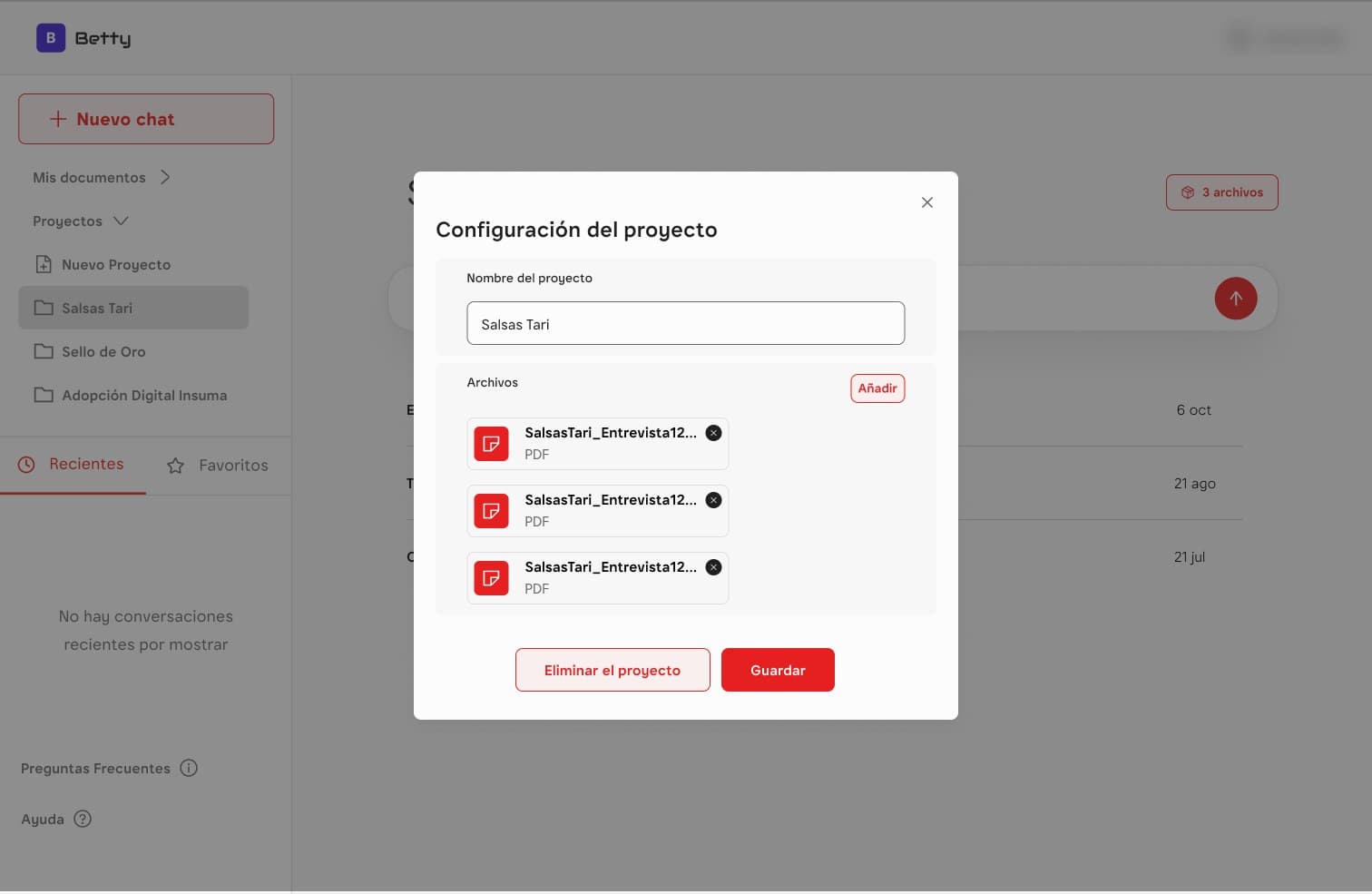 Project settings with a project name and its attached interview PDFs
