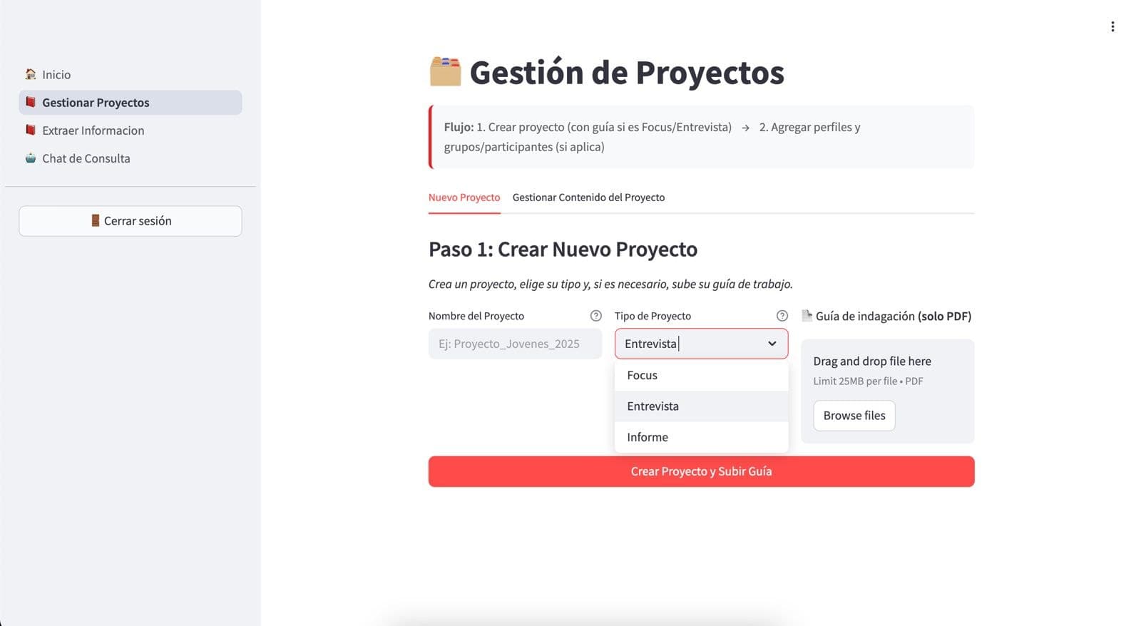 Betty v1.5 project management: step 1, create a project, choose its type and upload a PDF guide