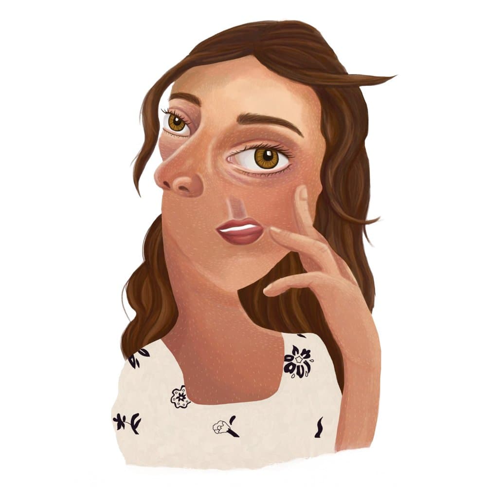 Digital portrait of a woman with wavy brown hair and amber eyes