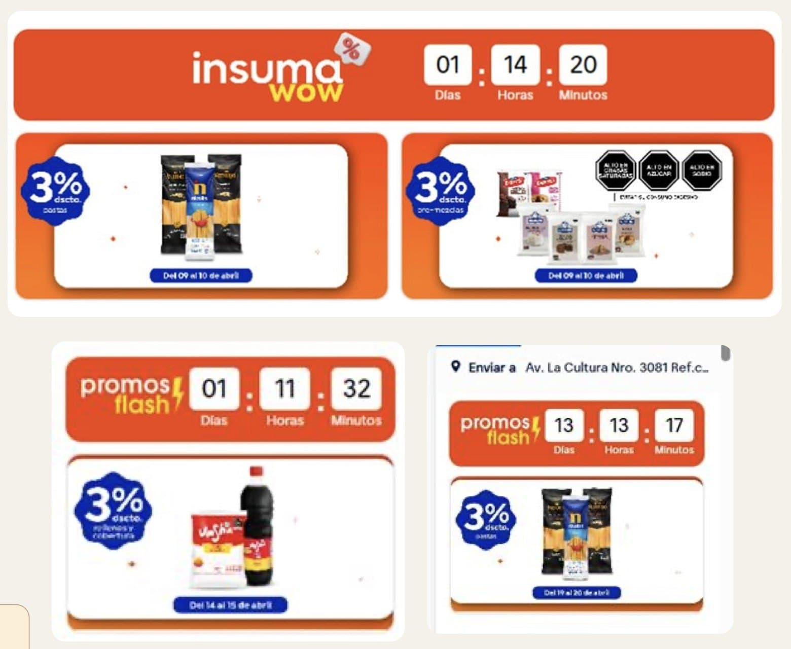 Three orange Insuma Wow and Promos Flash banners, each with a days, hours and minutes countdown
