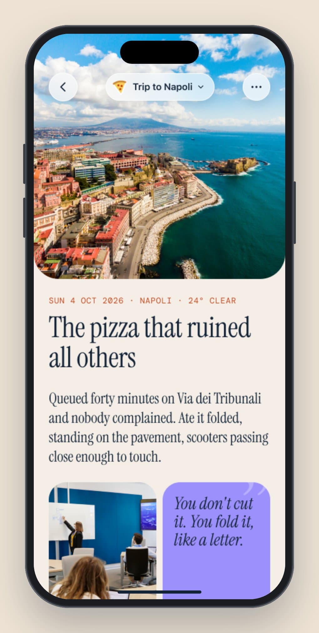 The entry The pizza that ruined all others in the SwiftUI build, with a photo of Napoli and a quote card