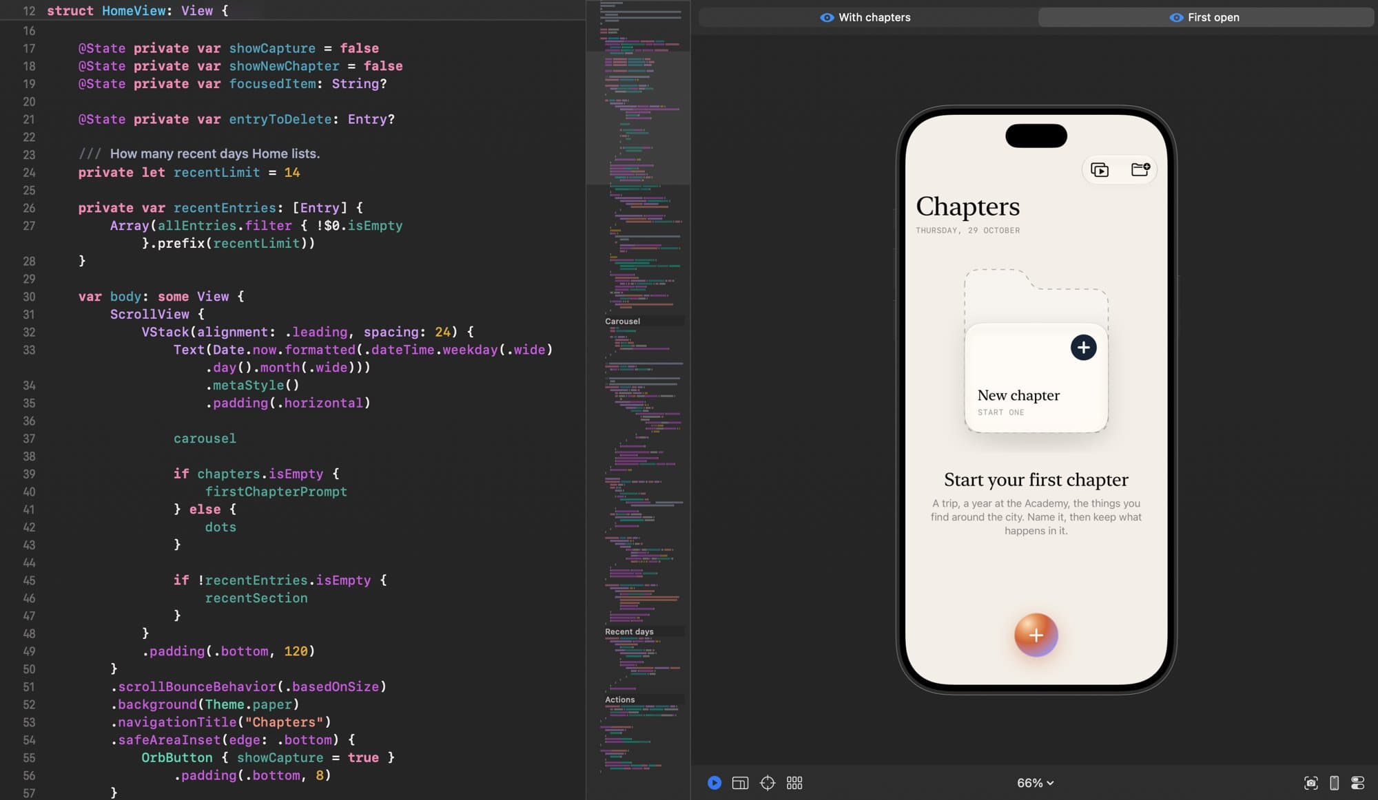 Xcode: HomeView in SwiftUI with previews for With chapters and First open, showing the Start your first chapter state