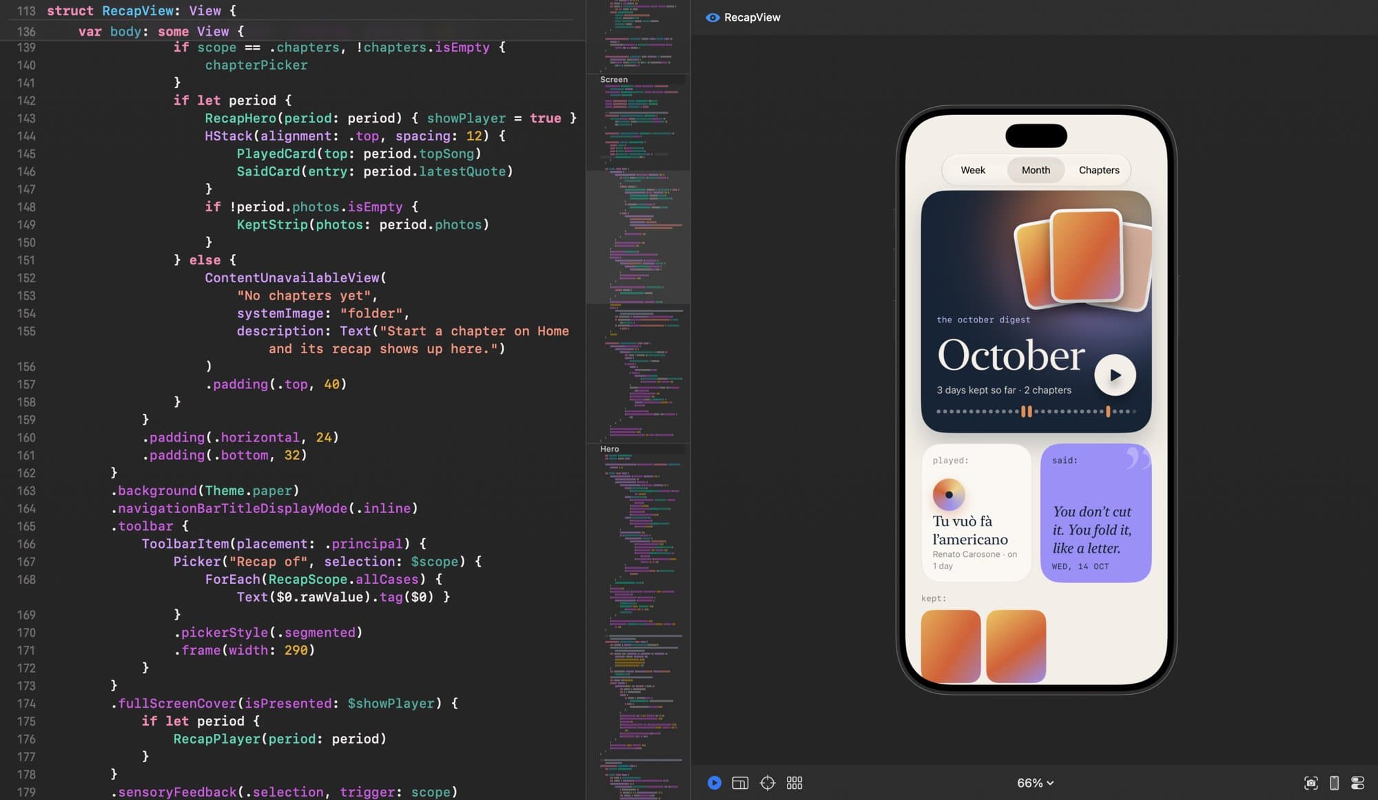 Xcode: RecapView in SwiftUI next to its live preview of the October digest