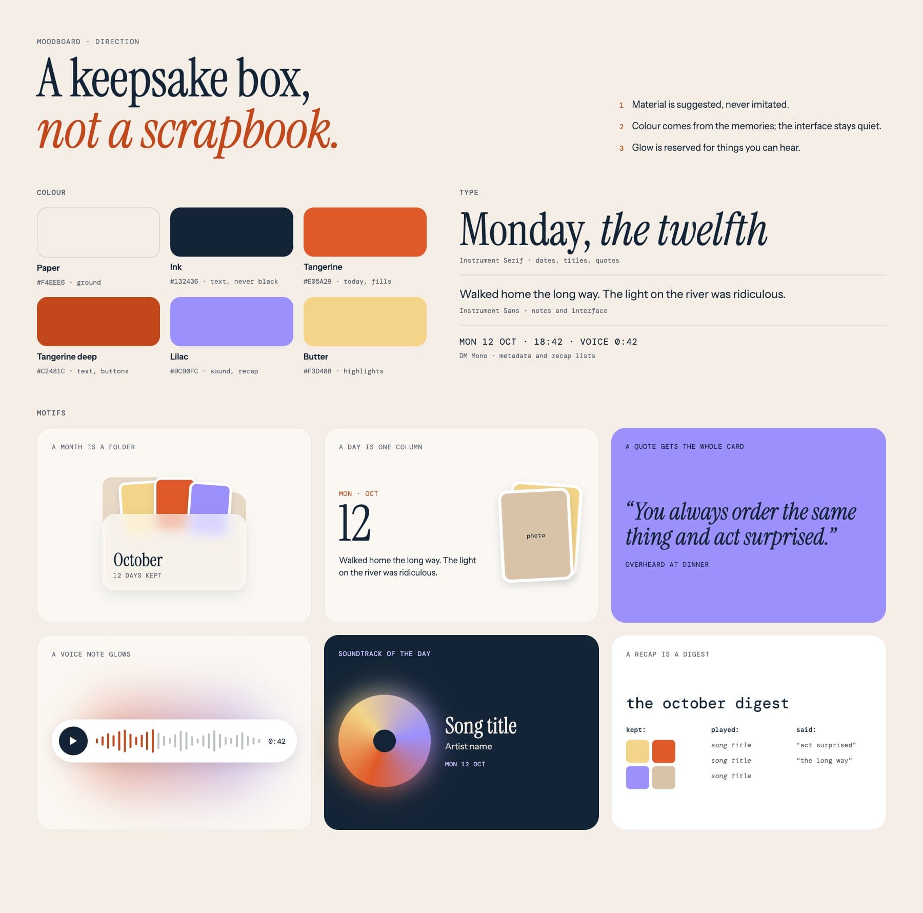 Direction board: colour palette, type scale and motifs such as a month as a folder, a day as one column, a quote as a whole card, a glowing voice note and the recap digest