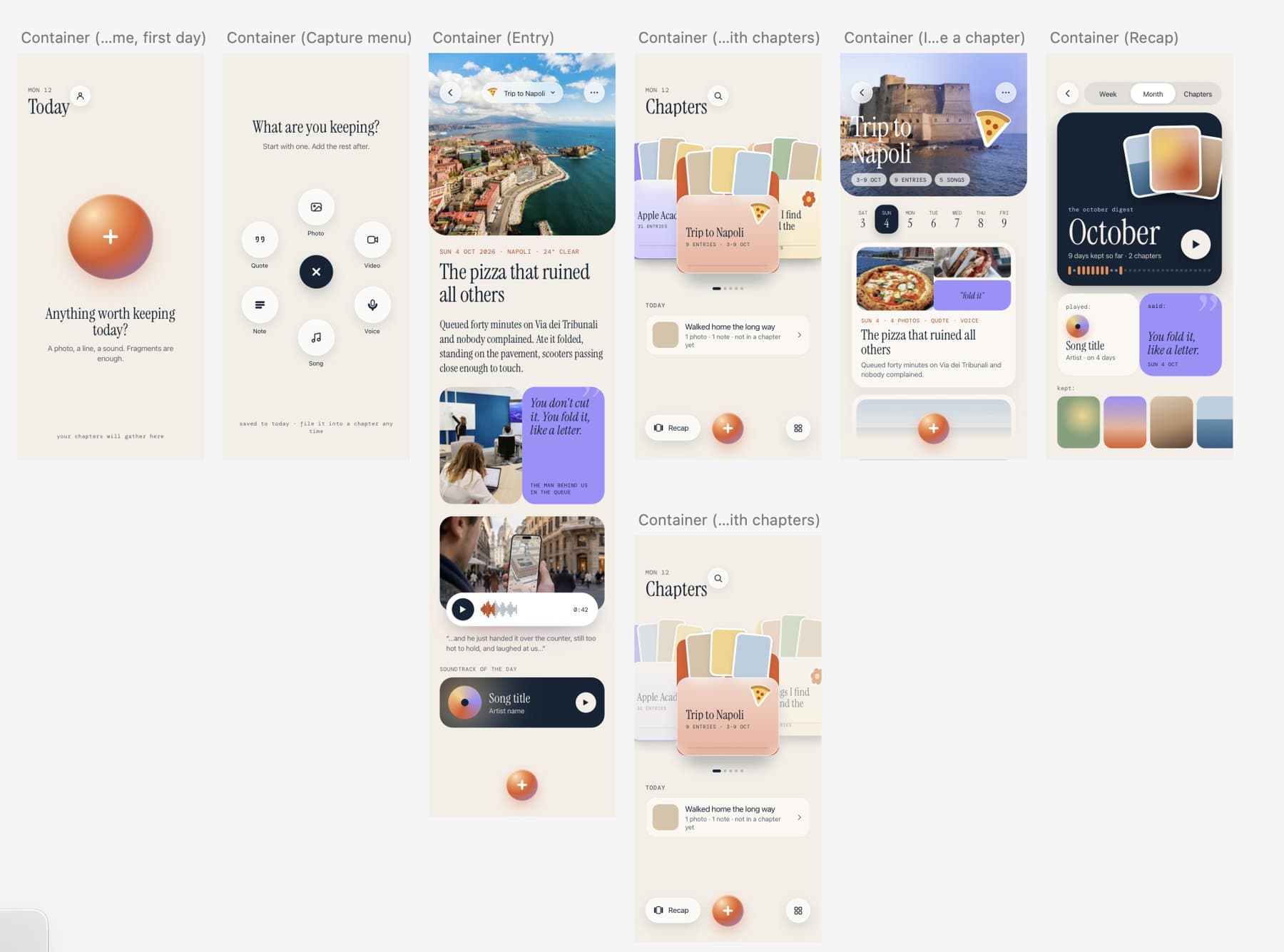 Figma frames for the capture, entry, chapters and recap flows