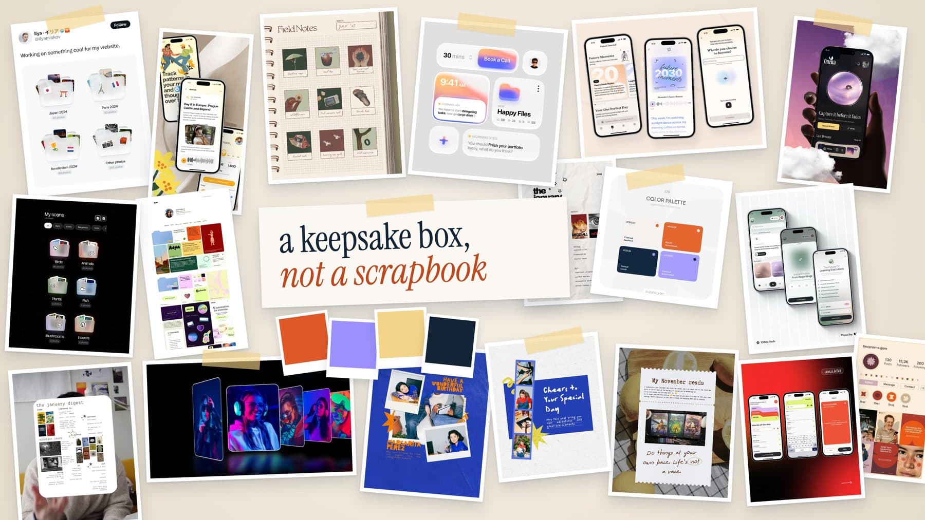 Moodboard collage of app references around the line a keepsake box, not a scrapbook